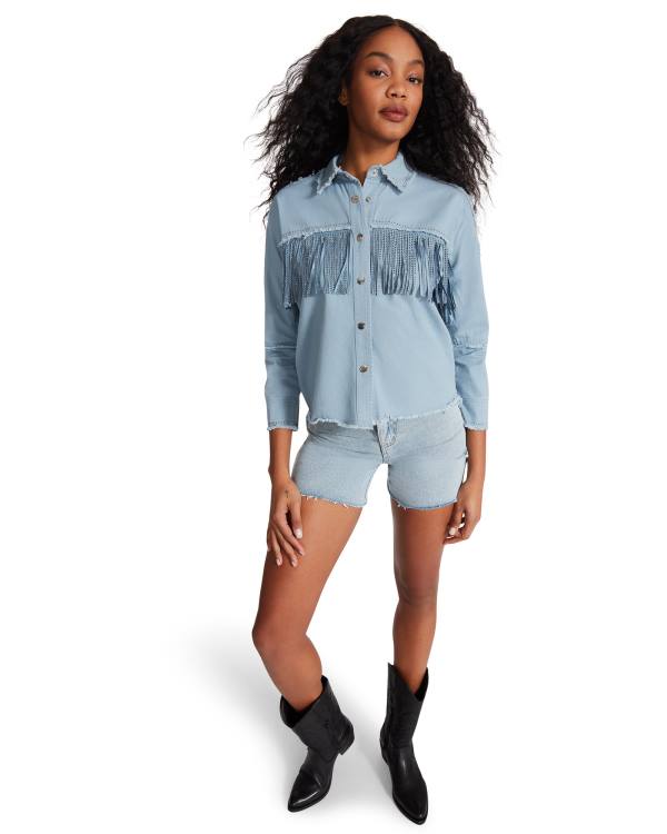 Αριστος γυναικεια Steve Madden Denim Fringe Button Up μπλε | SM-504QK