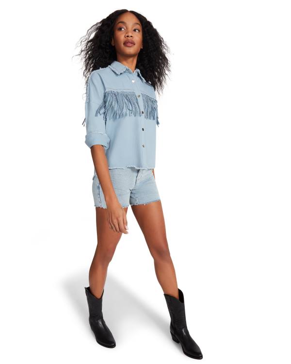 Αριστος γυναικεια Steve Madden Denim Fringe Button Up μπλε | SM-504QK