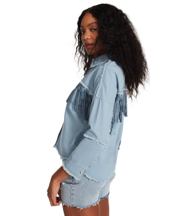 Αριστος γυναικεια Steve Madden Denim Fringe Button Up μπλε | SM-504QK