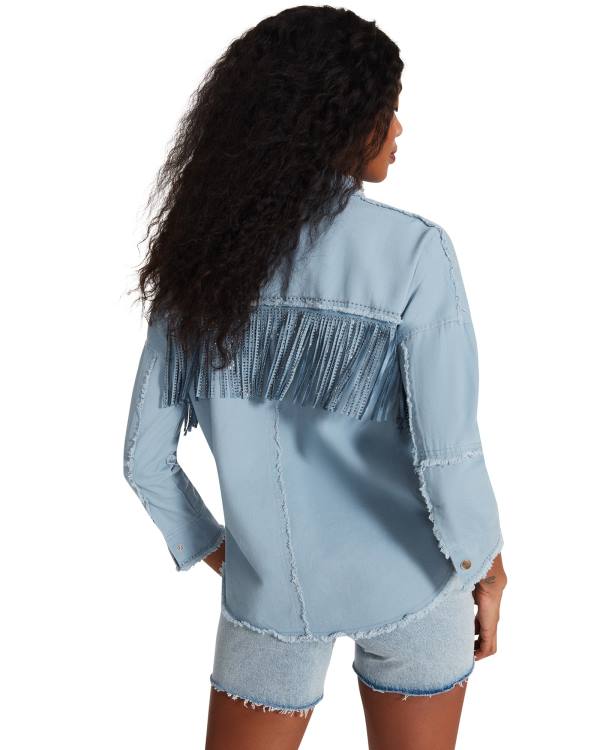 Αριστος γυναικεια Steve Madden Denim Fringe Button Up μπλε | SM-504QK