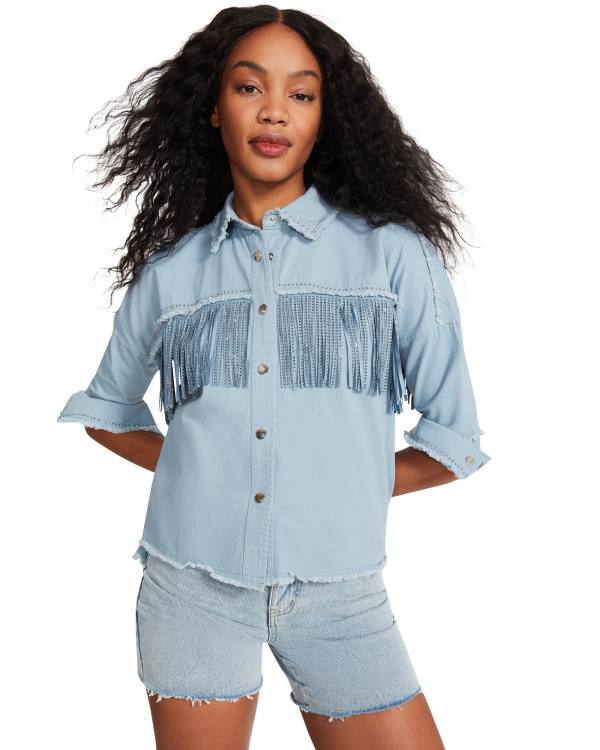 Αριστος γυναικεια Steve Madden Denim Fringe Button Up μπλε | SM-504QK