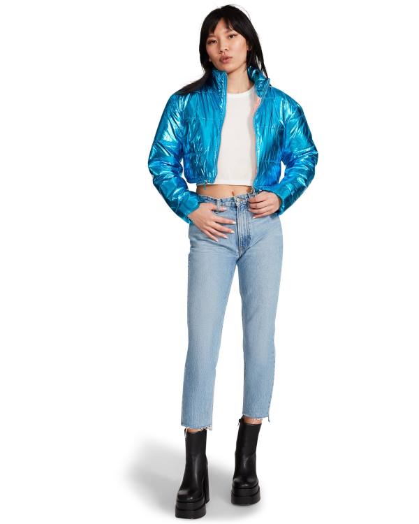 μπουφαν γυναικεια Steve Madden Cropped Metallic Puffer μπλε | SM-189NL