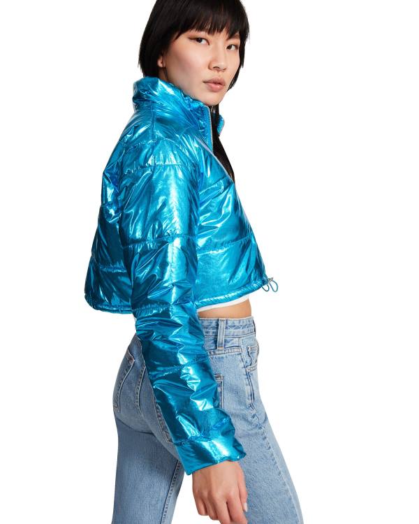 μπουφαν γυναικεια Steve Madden Cropped Metallic Puffer μπλε | SM-189NL