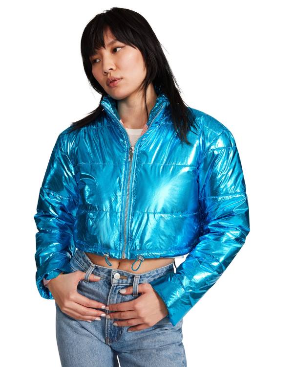 μπουφαν γυναικεια Steve Madden Cropped Metallic Puffer μπλε | SM-189NL