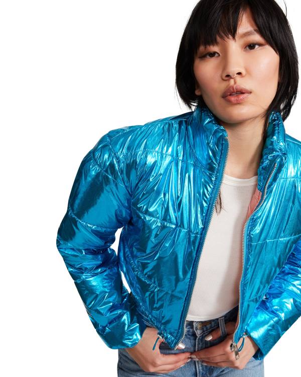 μπουφαν γυναικεια Steve Madden Cropped Metallic Puffer μπλε | SM-189NL