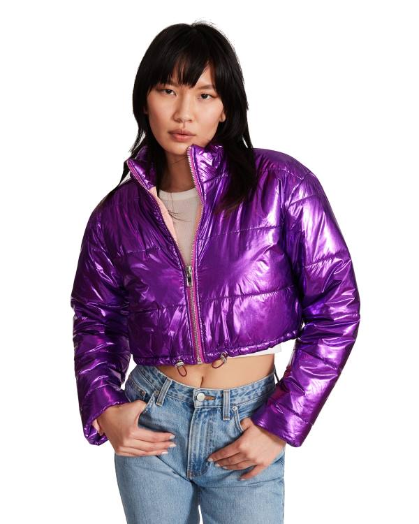 μπουφαν γυναικεια Steve Madden Cropped Metallic Puffer μωβ | SM-209PZ