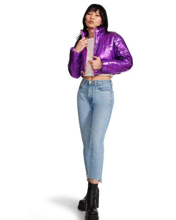 μπουφαν γυναικεια Steve Madden Cropped Metallic Puffer μωβ | SM-209PZ