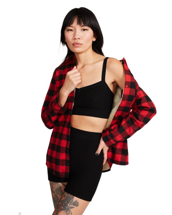 μπουφαν γυναικεια Steve Madden Teddy επενδυση Flannel κοκκινα | SM-042OC